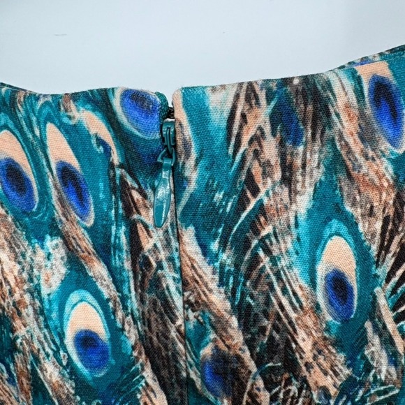 Talbots Pencil Skirt 4 Teal Peacock Feather Print Knee Length Lined Career - Picture 5 of 9
